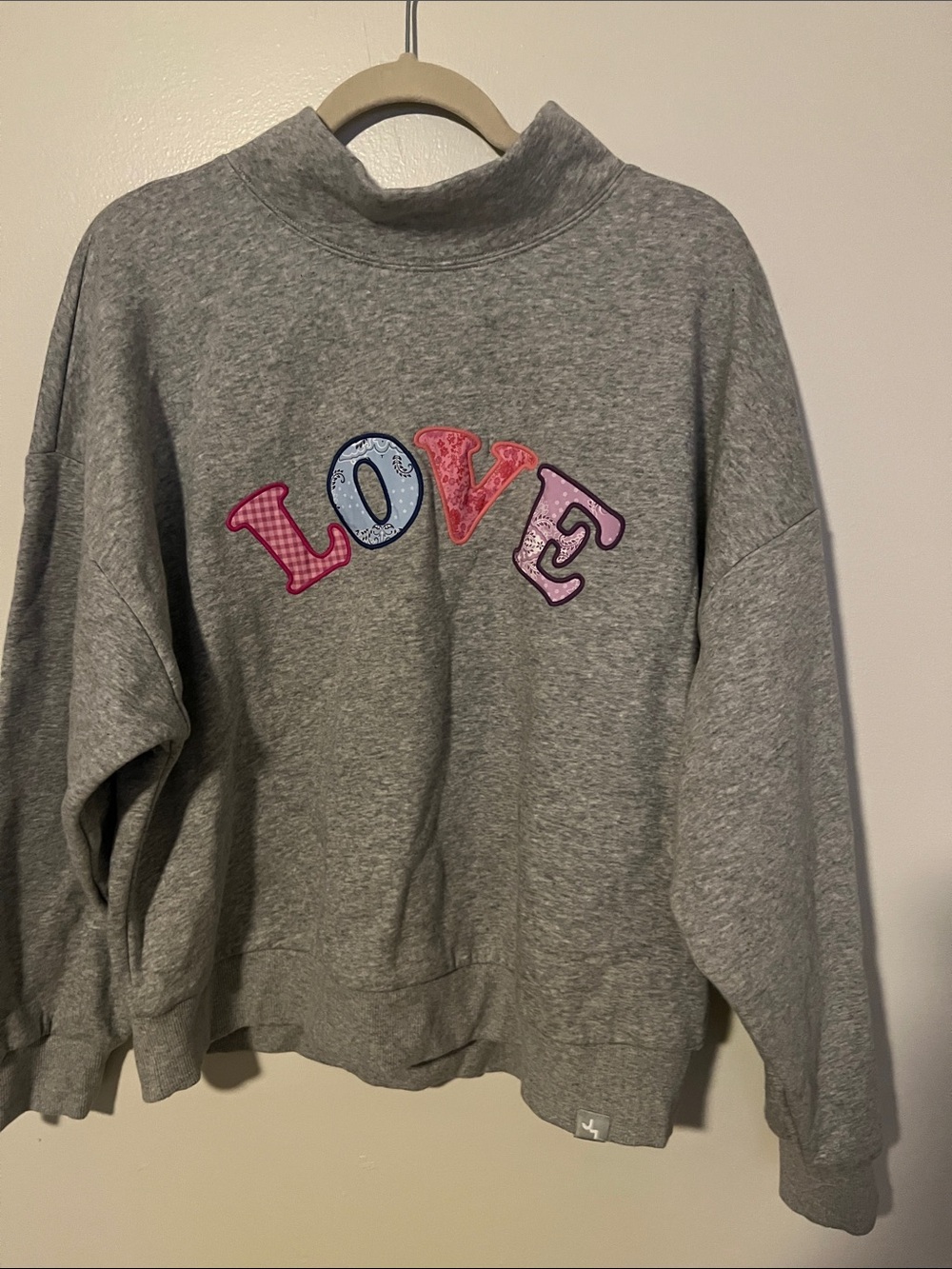 JoyLab Grey Mock Neck Sweatshirt with Colorful LOVE Appliqué